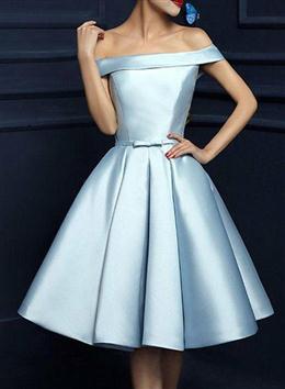 Picture of Short Blue Satin Off-the-Shoulder Short Prom Dresses, New Blue Homecoming Dresses